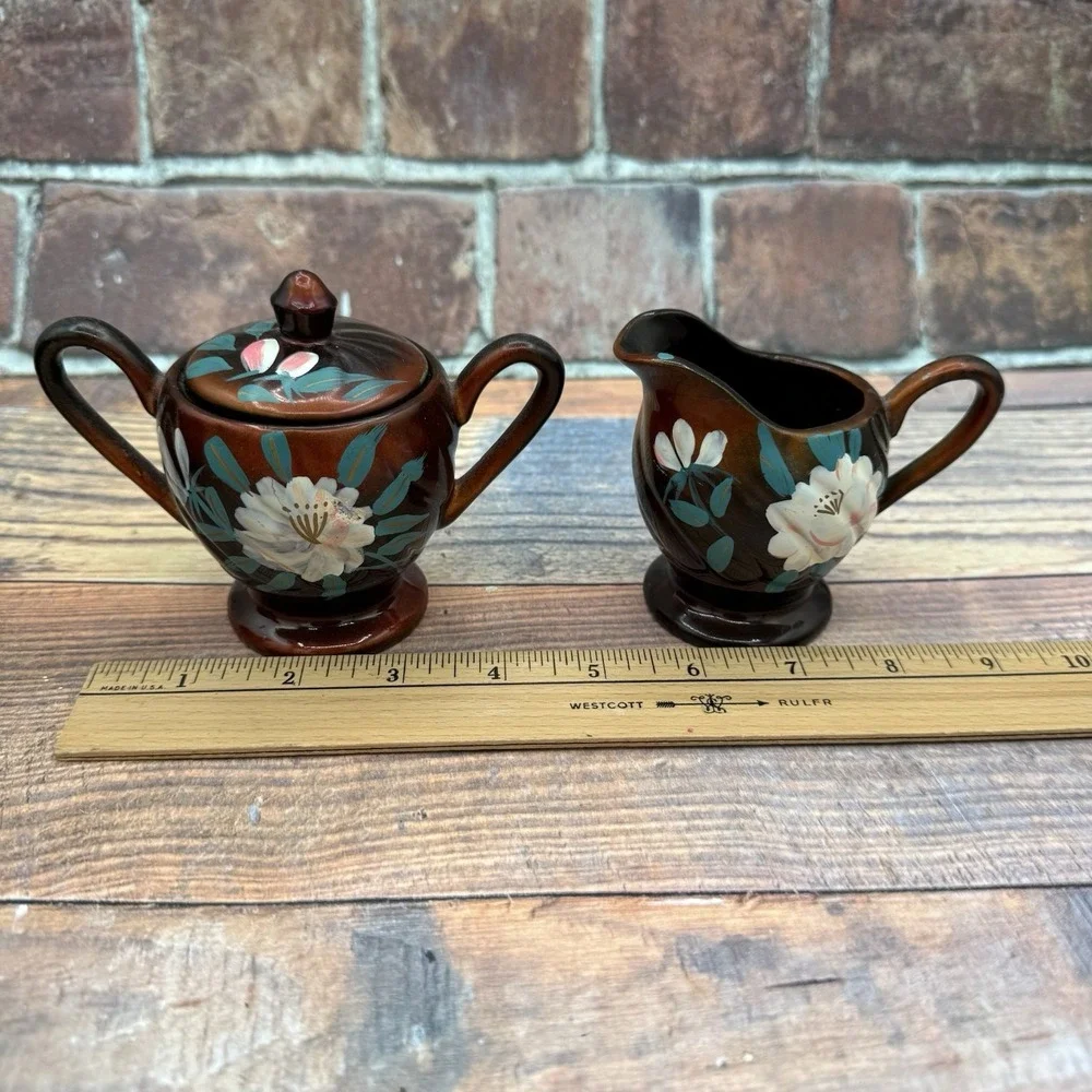Vintage Japanese Moriage Redware Tea Set Floral 1940s Pottery Pot Creamer Sugar